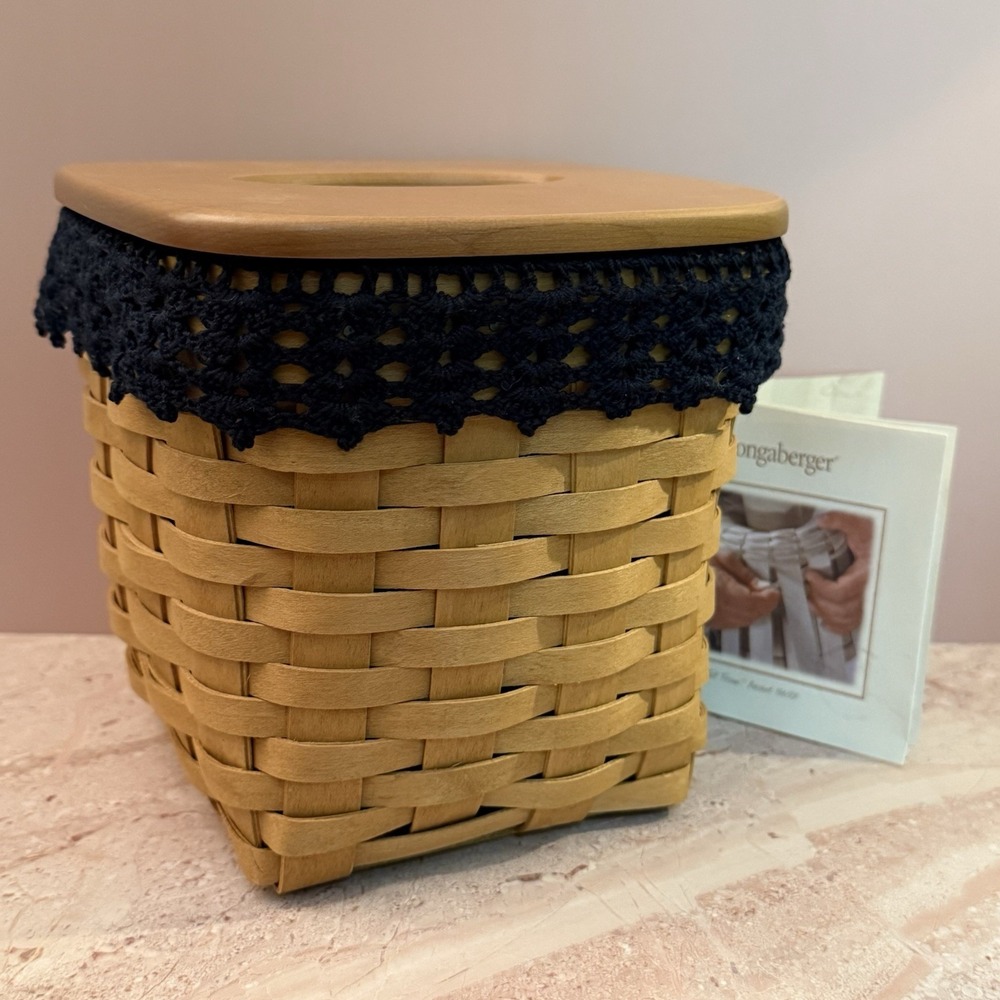 Longaberger 2002 Tall Tissue Basket Wood Lid & Black Web Crochet Liner Halloween
